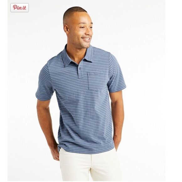 L.L.Bean Men Lakewashed Organic Cotton Polo Short-Sleeve Stripe Blue Size Medium - Picture 1 of 6